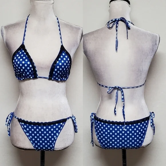 90s Vintage OOAK Handmade Blue Polka-dot Black Lace Side-Tie Triangle Bikini S - Picture 2 of 16
